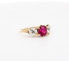 Antique Red Spinel and Old Mine Diamond 14K Yellow Gold Three Stone Ring - 3504903