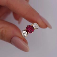 Antique Red Spinel and Old Mine Diamond 14K Yellow Gold Three Stone Ring - 3504905
