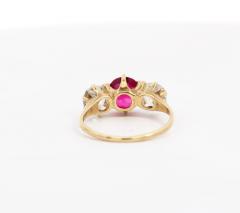 Antique Red Spinel and Old Mine Diamond 14K Yellow Gold Three Stone Ring - 3504908