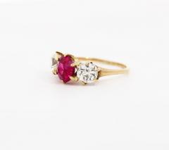 Antique Red Spinel and Old Mine Diamond 14K Yellow Gold Three Stone Ring - 3504909