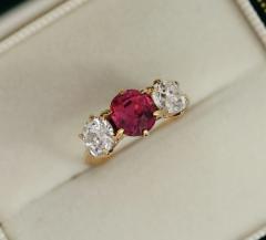 Antique Red Spinel and Old Mine Diamond 14K Yellow Gold Three Stone Ring - 3504910