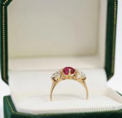 Antique Red Spinel and Old Mine Diamond 14K Yellow Gold Three Stone Ring - 3504912