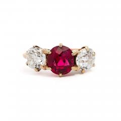 Antique Red Spinel and Old Mine Diamond 14K Yellow Gold Three Stone Ring - 3570405