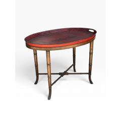 Antique Red Tole Tray Side Table on Mahogany Fan Bamboo Stand - 4743997