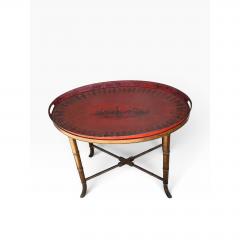 Antique Red Tole Tray Side Table on Mahogany Fan Bamboo Stand - 4743998