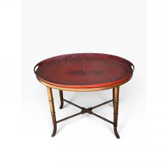 Antique Red Tole Tray Side Table on Mahogany Fan Bamboo Stand - 4744000