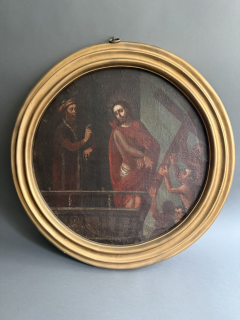 Antique Religious Oil Painting Christ Carrying the Cross Round Gilded Frame - 4356831