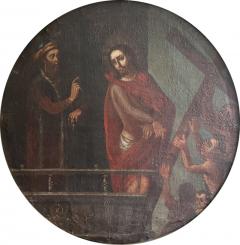 Antique Religious Oil Painting Christ Carrying the Cross Round Gilded Frame - 4358366