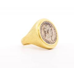 Antique Roman Trajan Dupondius Coin Brushed Gold Mens 18K Yellow Gold Ring - 3504950