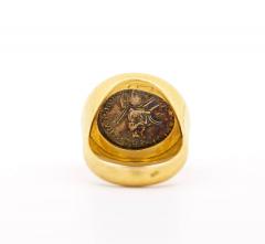 Antique Roman Trajan Dupondius Coin Brushed Gold Mens 18K Yellow Gold Ring - 3504951