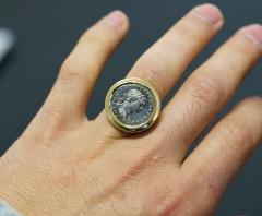 Antique Roman Trajan Dupondius Coin Brushed Gold Mens 18K Yellow Gold Ring - 3504952