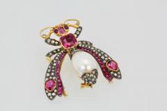 Antique Ruby Pearl Diamond Insect Brooch Pendant 18 Karat - 3449015