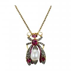 Antique Ruby Pearl Diamond Insect Brooch Pendant 18 Karat - 3493414