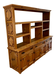 Antique Rustic Pine Breakfront Bookcase Cabinet - 1999924