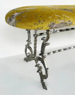 Antique Silver Gilt Cast Iron Curved Bench with Newly Upholstered Seat Cushion - 3946606