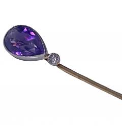 Antique Stickpin Platinum 18K Amethyst and Diamond French C 1910 - 2274585