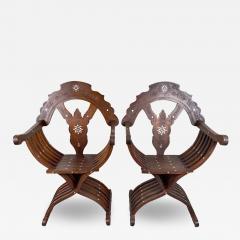 Antique Syrian Savonarola Curule Mother of Pearl Inlay Throne Armchair a Pair - 3739997