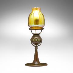 Antique Tiffany Studios Jeweled Favrile Glass Candle Lamp Patinated Bronze Base - 4469767