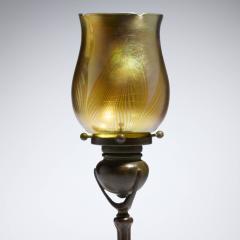 Antique Tiffany Studios Tripod Candlestick with Feather Favrile Glass Shade - 4756468