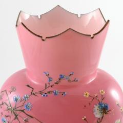 Antique Vase Pink Over White Glass Painted Flowers France 19th Century Opaline - 139733