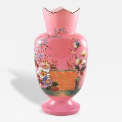 Antique Vase Pink Over White Glass Painted Flowers France 19th Century Opaline - 139993