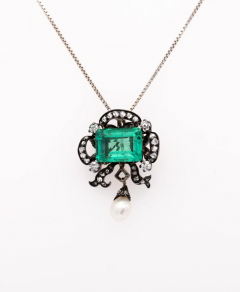 Antique Victorian Colombian Emerald Pearl Old Mine Diamond Pendant - 3644492