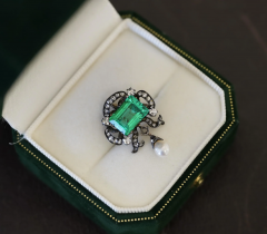 Antique Victorian Colombian Emerald Pearl Old Mine Diamond Pendant - 3644503