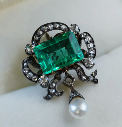 Antique Victorian Colombian Emerald Pearl Old Mine Diamond Pendant - 3644506