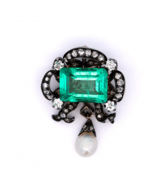 Antique Victorian Colombian Emerald Pearl Old Mine Diamond Pendant - 3644507