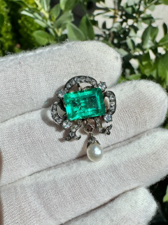 Antique Victorian Colombian Emerald Pearl Old Mine Diamond Pendant - 3644521