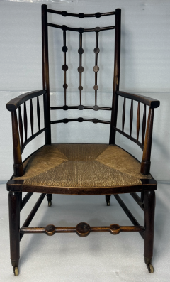 Antique Victorian Spindle Back Armchair with Woven Rush Seat Casters - 4356850