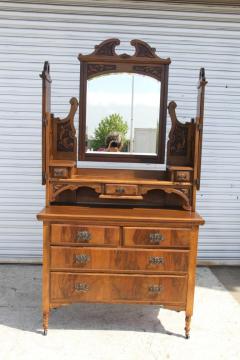 Antique Victorian Walnut Mirrored Vanity Dresser - 3099711