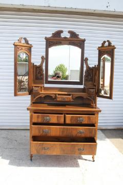 Antique Victorian Walnut Mirrored Vanity Dresser - 3099713