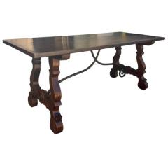 Antique Walnut Wrought Iron Trestle Table - 4277443