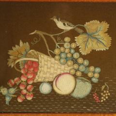 Antique Woolwork Embroidery with Fruit Basket and Bird - 4212331