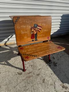 Antique Wrought Iron and Walnut Handpainted Pledge of Allegiance School Desk - 4383287