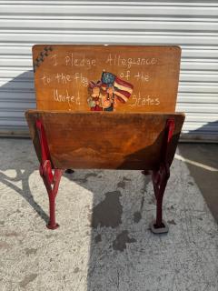 Antique Wrought Iron and Walnut Handpainted Pledge of Allegiance School Desk - 4383315