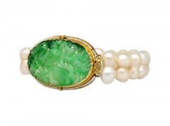 Antique Yellow Gold with Carved Jade and Pearl Pin Bracelet - 3780633