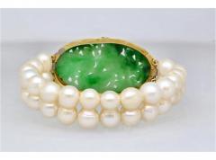 Antique Yellow Gold with Carved Jade and Pearl Pin Bracelet - 3780637