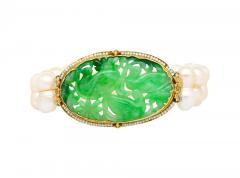 Antique Yellow Gold with Carved Jade and Pearl Pin Bracelet - 3780659