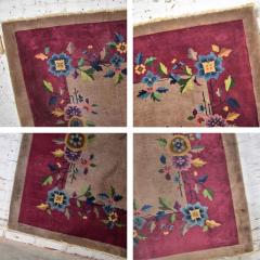 Antique chinese art deco wool handmade rug taupe with magenta border - 1609313