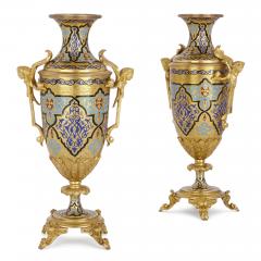 Antique gilt bronze and champlev enamel clock set - 1274470