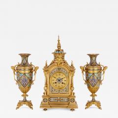 Antique gilt bronze and champlev enamel clock set - 1275886