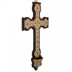 Antique large cloisonn enamel wall crucifix with font - 3606573
