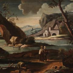 Antique painting landscape with characters from 18th century - 3975686