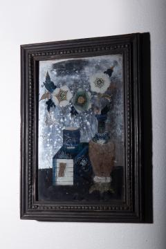 Antique reverse glass painting with floral composition - 3871188