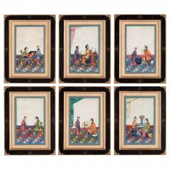 Antique set of six Chinese paintings depicting weaving - 3457239