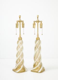 Archimede Seguso Pair of Large Gold Murano Ribbon Twist Lamps by Seguso - 4696013