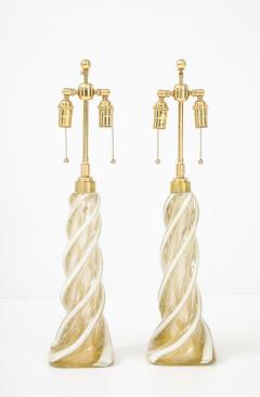 Archimede Seguso Pair of Large Gold Murano Ribbon Twist Lamps by Seguso - 4697344