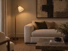 Armaturhantverk Tibro Floor Lamp Teak Brass Silk Sweden 1960s - 4764044